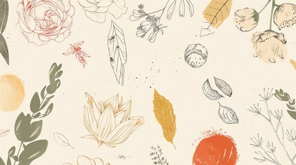 Seamless floral pattern with hand-drawn flowers, leaves, and botanical elements on a light background.
