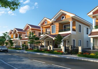 Row of Modern Townhouses with Front Yard Landscaping