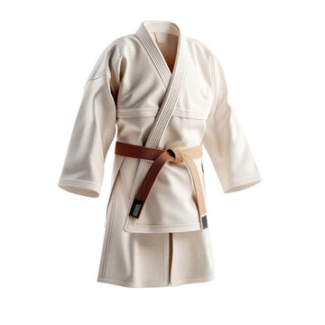 A white karate uniform with a brown belt, isolated on a black background.