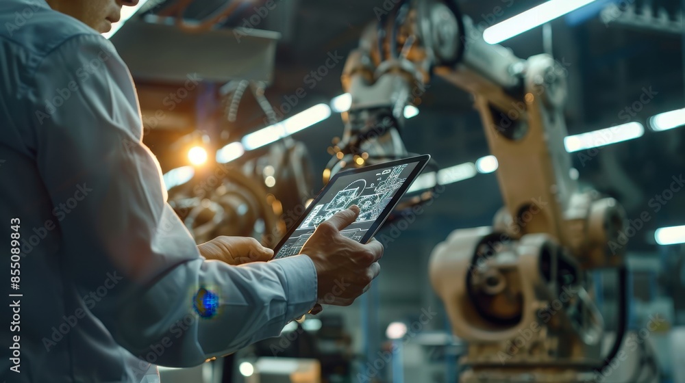 Poster engineer inspection robot arms technology intelligence and innovation while looking digital tablet a