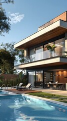 Fototapeta premium Modern House with Swimming Pool and Backyard