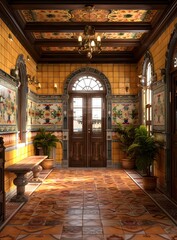 Fototapeta premium European style corridor with bright colored tiles and plants