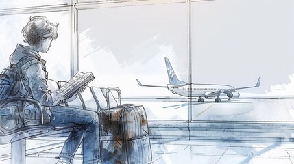 An artistic sketch captures a traveler seated by an airport window, suitcase beside, in calm anticipation