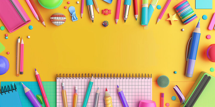 Lebendiges Banner zum Schulanfang mit einer Reihe farbenfroher Materialien