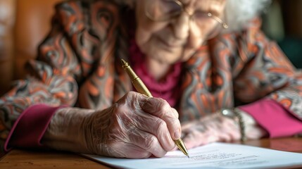 Close-up of an elderly white woman's hand writing in a notebook