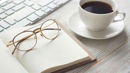 Workspace setup featuring a cup of coffee, glasses on an open notebook, and a keyboard with copy space