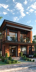 Obraz premium Modern Brick House with a Balcony and a Car in Front
