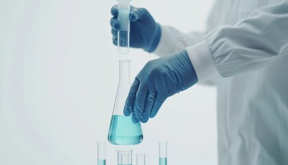 Fototapeta premium Scientist in Lab Coat Pouring Blue Liquid From Test Tube Into Flask