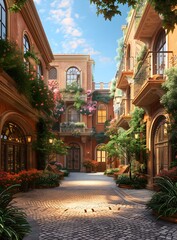Fototapeta premium European courtyard with flowers and trees