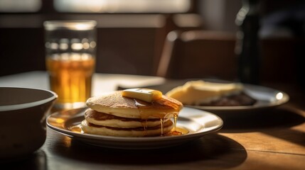 Honey drizzled over fresh pancakes with a pat of melting