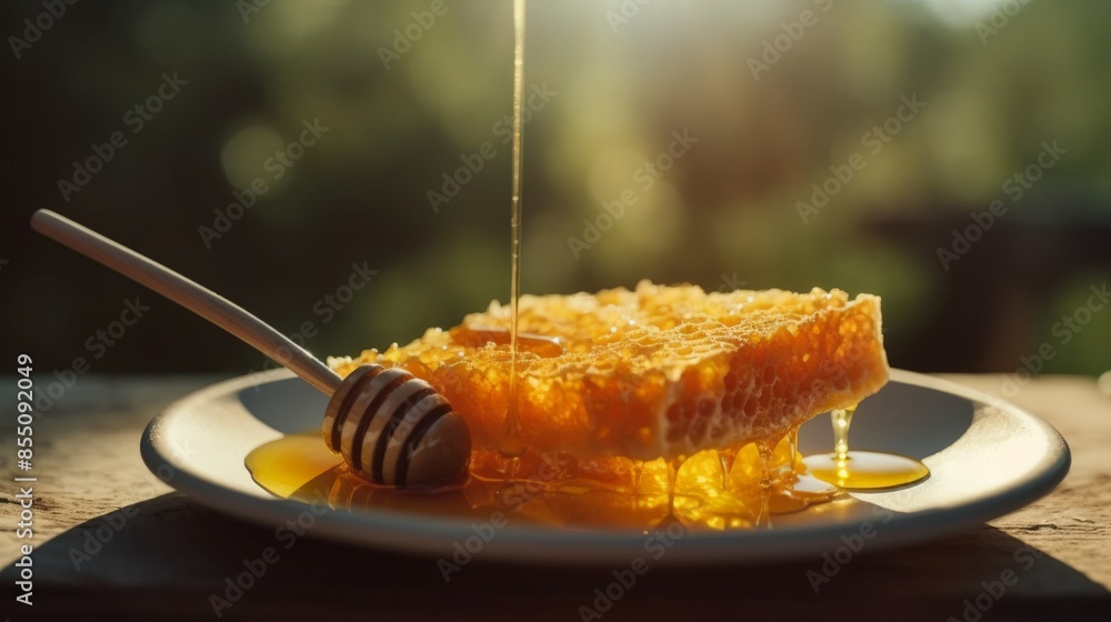 Wall mural Honeycomb dripping with fresh honey on a white plate