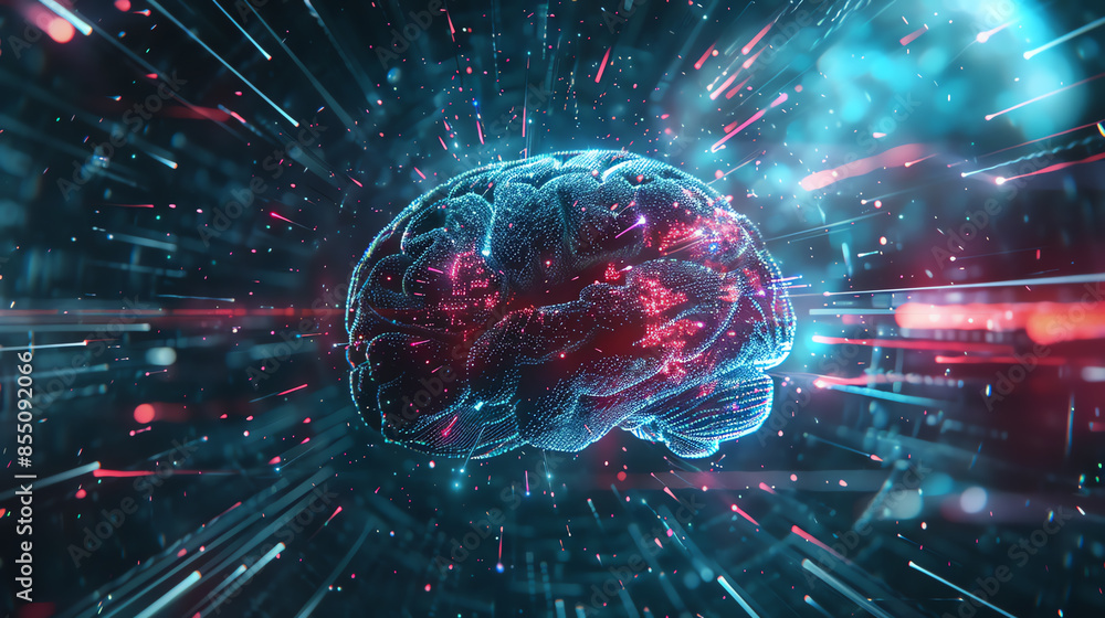 Poster futuristic digital rendering of a glowing brain with vibrant neon lights, showcasing advanced techno