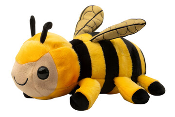 A detailed image of a bumblebee stuffed animal toy, isolated on a transparent background, with its striped body and cute wings