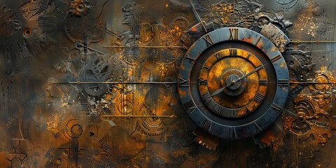 Naklejka premium Industrial Steampunk Clock on Textured Rusty Metal Background