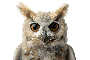 A close-up shot of an owl stuffed animal toy, isolated on a transparent background, showcasing its large eyes and detailed feather pattern