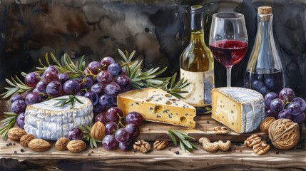 Rustic cheeseboard with assorted cheeses, grapes, nuts, and wine. Perfect for a gourmet feast or an elegant appetizer spread.