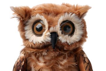 A close-up shot of an owl stuffed animal toy, isolated on a transparent background, showcasing its large eyes and detailed feather pattern