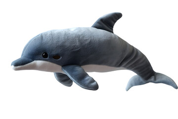 A detailed photo of a dolphin stuffed animal toy, isolated on a transparent background, showing its sleek design and friendly expression 