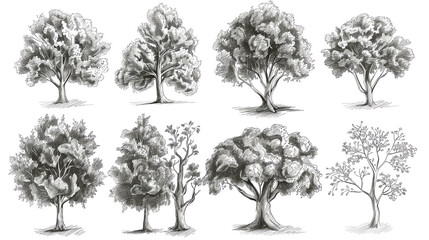 Hand-drawn sketches of various trees in black and white, showcasing different shapes and foliage. Ideal for nature and botanical projects.