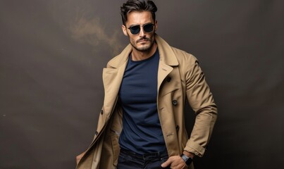 Fototapeta premium Man Wearing Tan Trench Coat and Sunglasses Posing Against a Grey Background