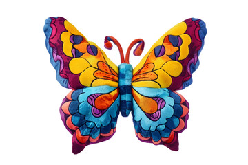 A vibrant photo of a butterfly stuffed animal toy, isolated on a transparent background, featuring colorful wings and a cheerful appearance 