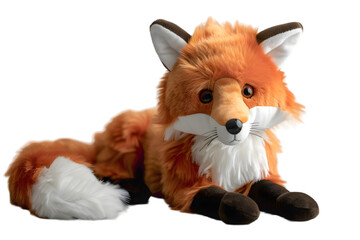 A vibrant photo of a fox stuffed animal toy, isolated on a transparent background, featuring a bushy tail and pointed ears