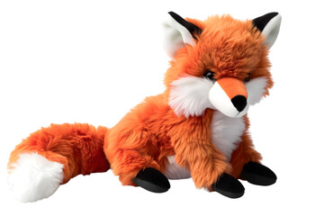 A vibrant photo of a fox stuffed animal toy, isolated on a transparent background, featuring a bushy tail and pointed ears