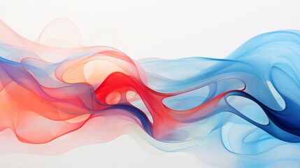 An abstract design featuring flowing lines and swirling shapes in shades of red and blue,