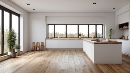 Interior home of kitchen with white bar island and cooking desk on white wall