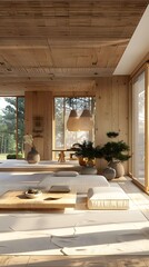 Minimalist Japanese Style Living Room Interior Design with Wooden Ceiling and Floor