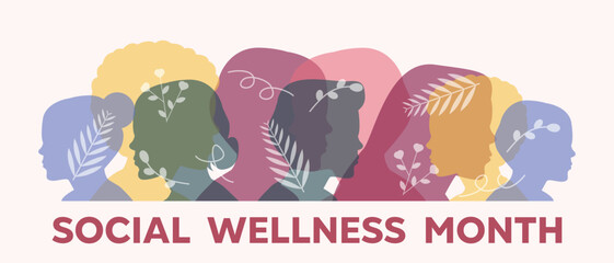 Social Wellness Month. people and more. Perfect for cards, banners, posters, social media and more. Light pink background.