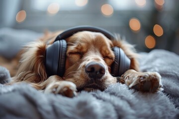 A lovable dog wearing headphones relaxes on a cushion at home, appearing joyful and serene while enjoying music