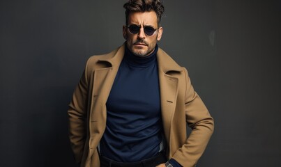 Obraz premium Man Wearing Tan Trench Coat and Sunglasses Posing Against a Grey Background