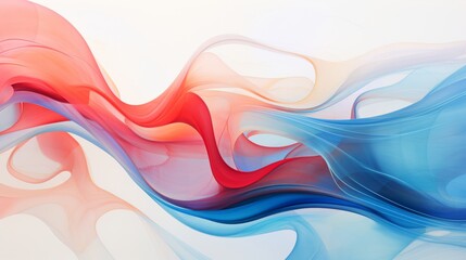 An abstract design featuring flowing lines and swirling shapes in shades of red and blue,