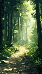 Obraz premium Enchanting path through dense jungle with towering trees and twisted vines, beckoning adventure