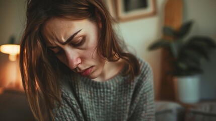 Fototapeta premium A woman is seated at home, cozy in a sweater, with warm lighting in the background Focus on comfort and tranquility