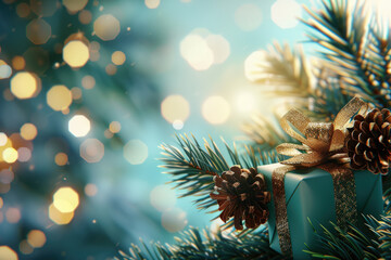 Obraz premium Christmas Gift Box on Pine Tree with Festive Lights 