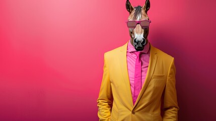 A humorous image of a horse wearing a yellow suit and pink sunglasses
