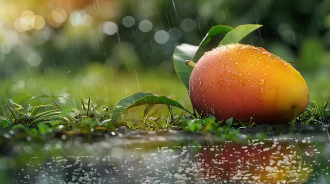Mango falling in rain. Seamless loop for mesmerizing backgrounds