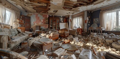 A dilapidated interior of an abandoned living room filled with debris and crumbling walls