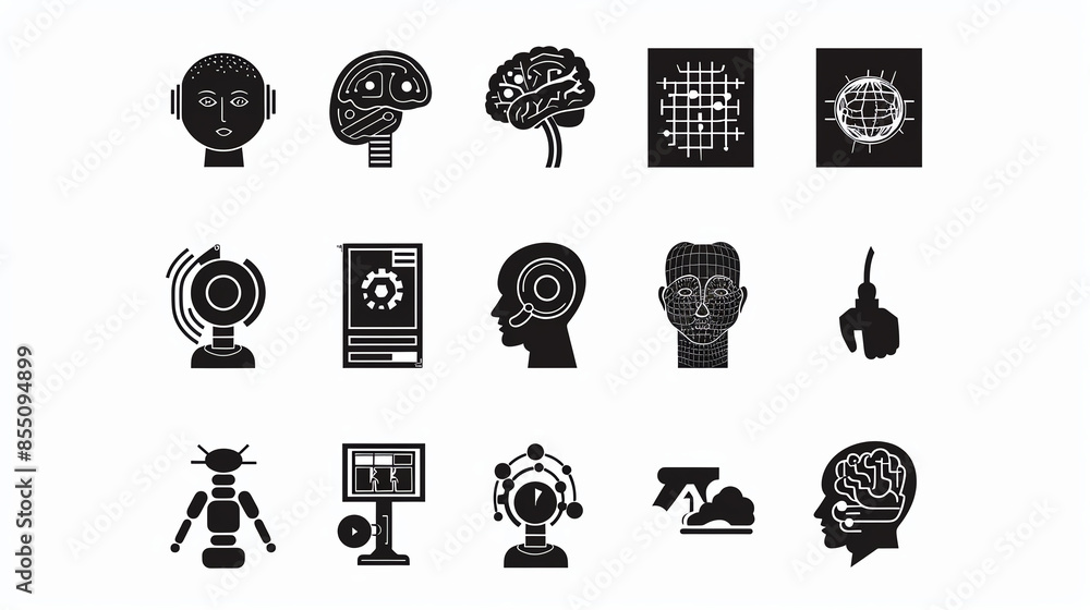 Poster set of black and white icons related to artificial intelligence, robotics, and technology on a white