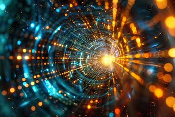 Quantum computing core, glowing with energy, abstract algorithmic patterns