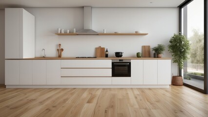 Interior home of corner modern kitchen with bar counter on white wall copy space, hardwood floor