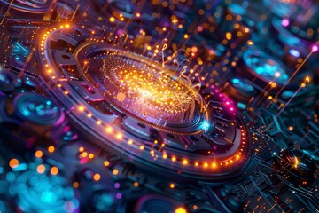 Quantum computing core, glowing with energy, abstract algorithmic patterns