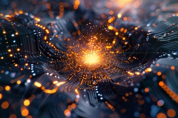 Quantum computing core, glowing with energy, abstract algorithmic patterns