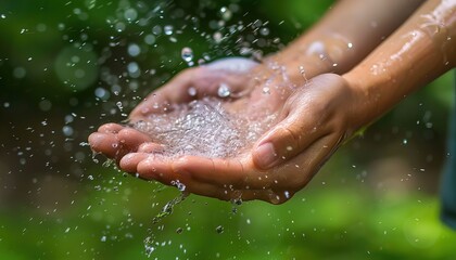 Fototapeta premium AI generated illustration of hands catching splashing water with a blurred green background