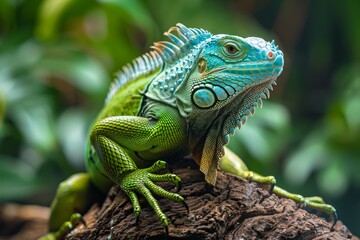 Fototapeta premium A detailed photograph capturing a bright green iguana sunbathing on a tree branch in its native environment