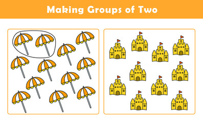 Making Groups of Two Worksheet. Grouping Picture Math Activity for Kids. Fun Math Activity for Children. Counting with Cute Pictures Worksheet.	