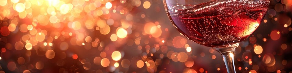 Obraz premium Glass of red wine with bokeh lights in the background. Celebration and festive concept. Banner with copy space