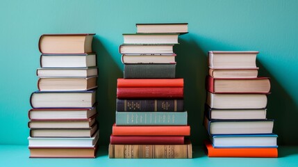 Fototapeta premium Various stacks of books on minimalist flat color background